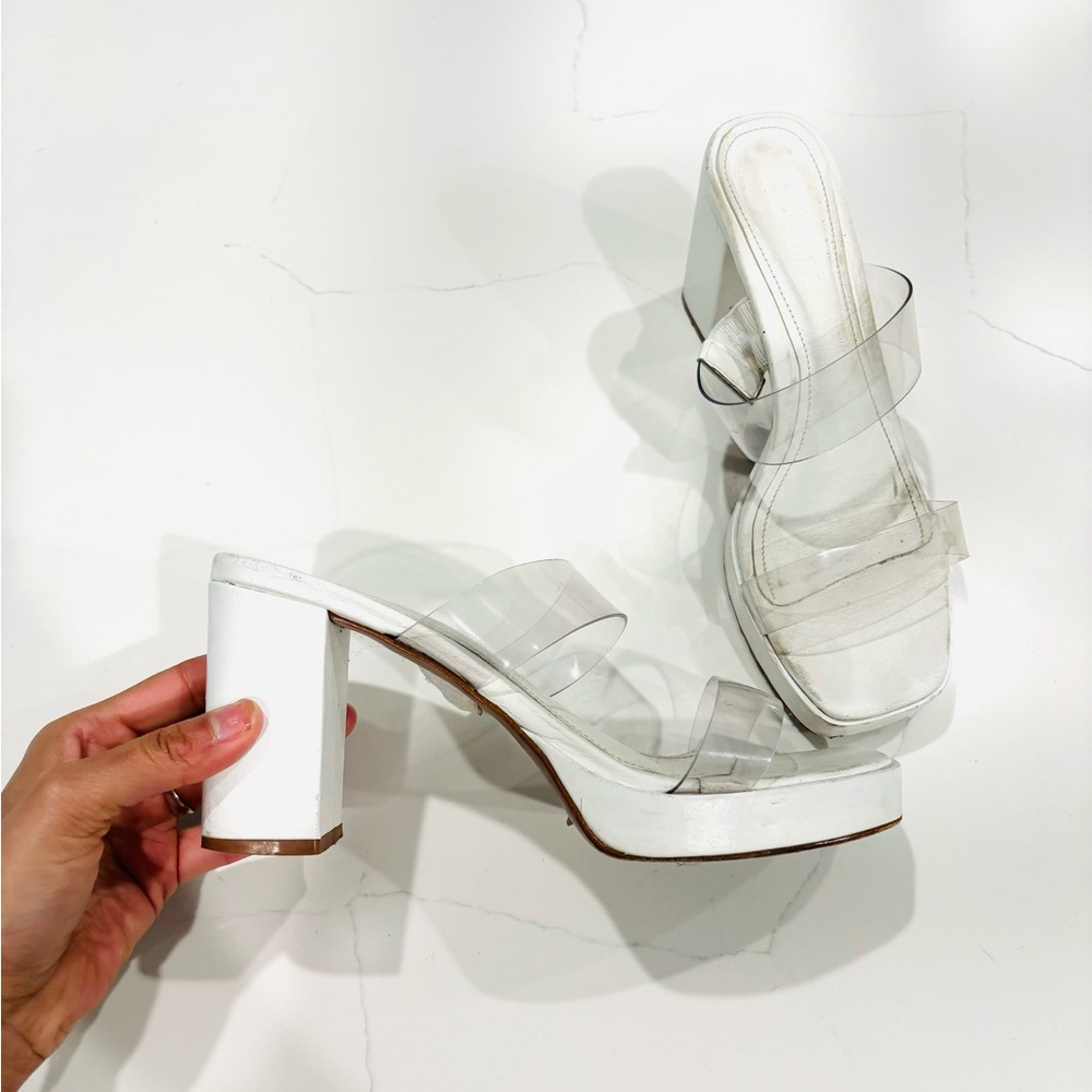 SCHUTZ White Clear-Strap Block Heel Mules